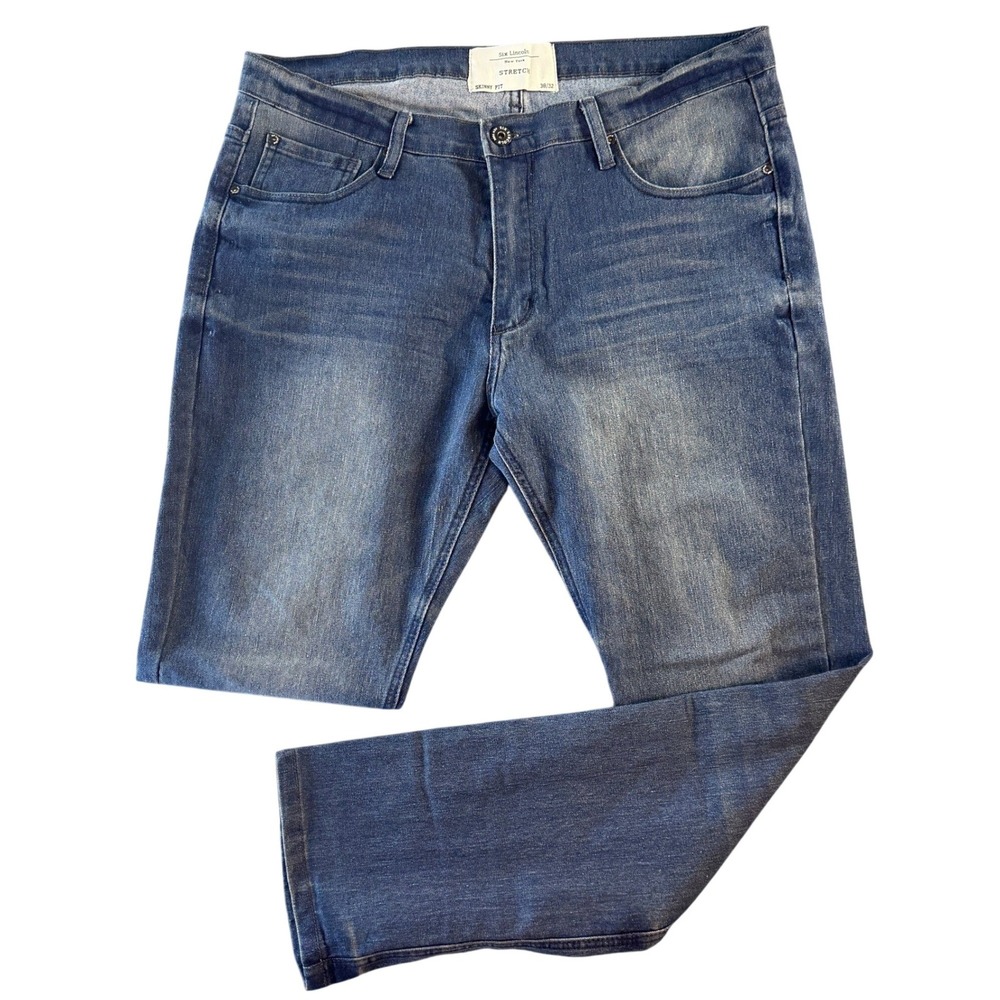Six Lincoln New York Mens Skinny Fit Stretch Jeans Blue Medium‎ Wash 38x32